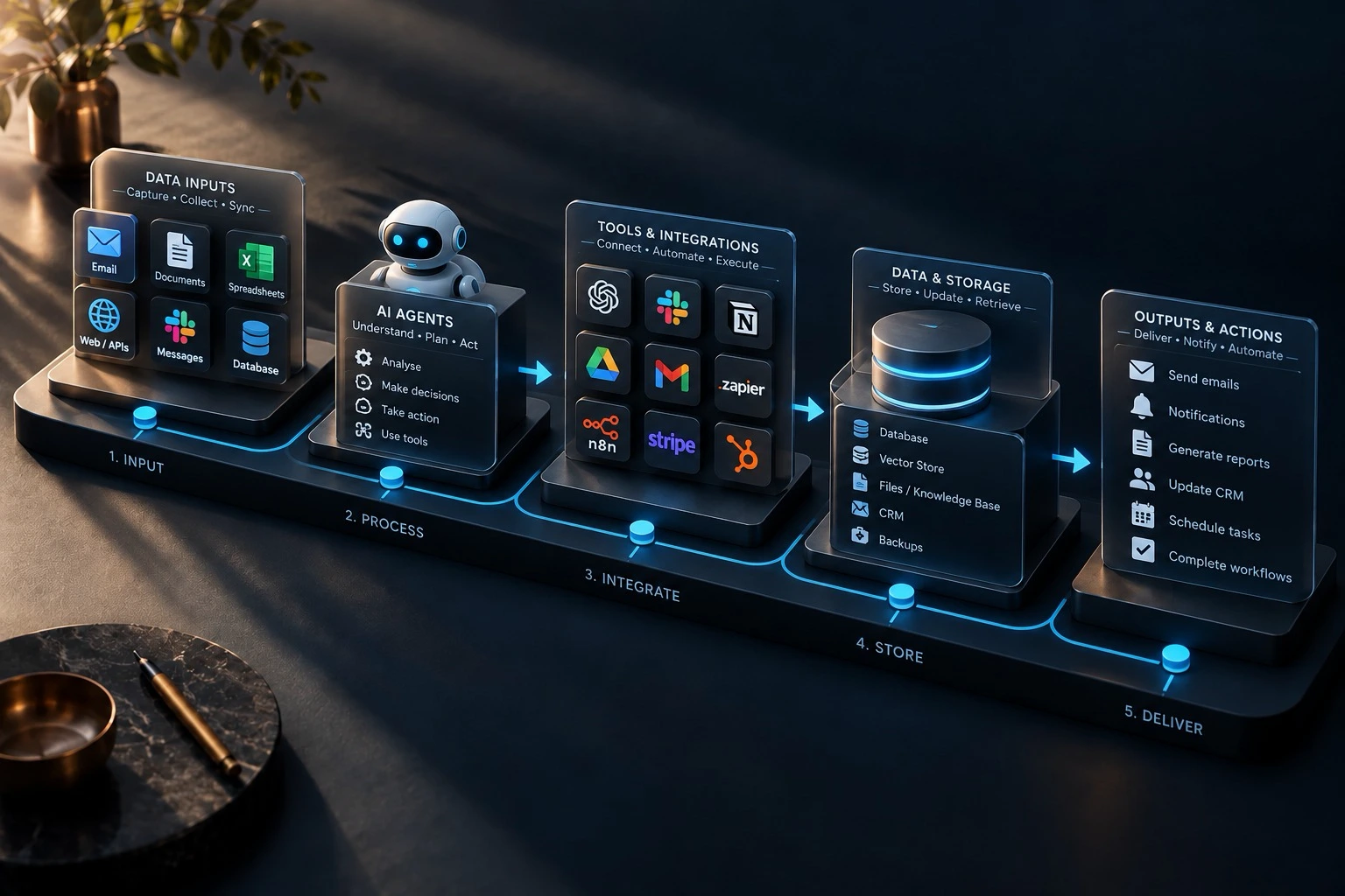 AI automation workflow: data inputs, AI agents, tools and integrations, data and storage, outputs and actions